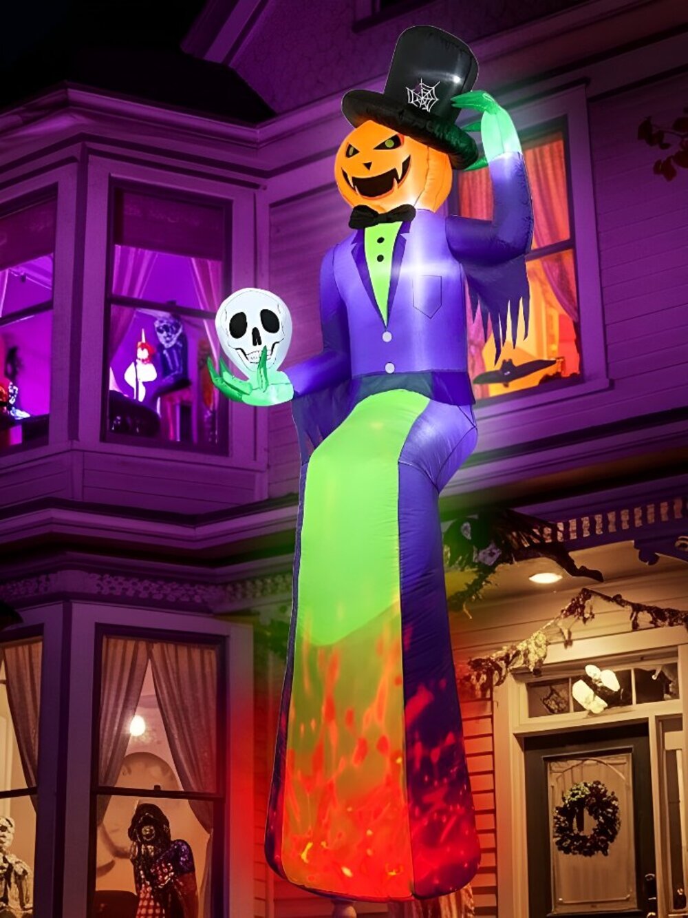 10FT Sitting Halloween Inflatable Pumpkin with Flame Light for Roof Decor